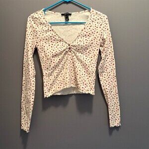 Forever 21 Blouse Womens M Ivory Floral Long Sleeve Cropped Princess Babydoll